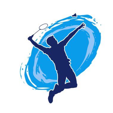 Badminton sporu yapan zayıf bir erkek atletin silueti. Badminton oynayan bir adamın silueti..