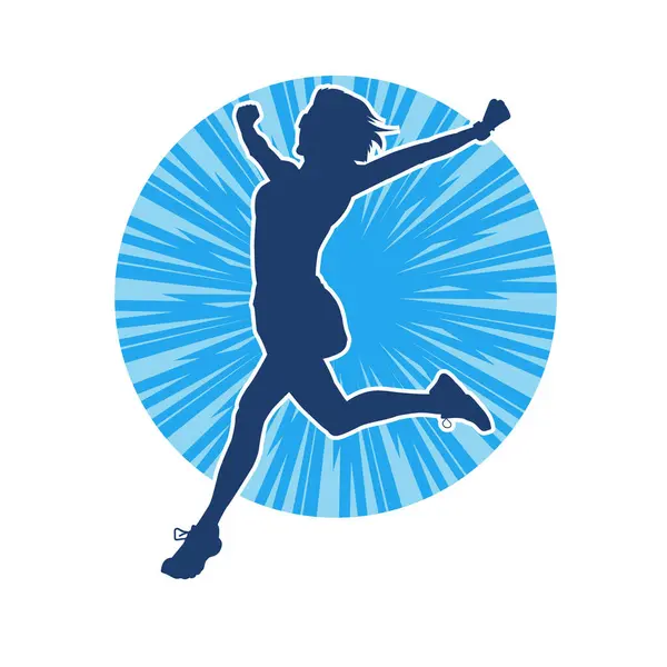 stock vector Silhouette of a slim female raising hands while running. Silhouette of a female runner approaching finish line