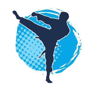 Dövüş sanatları pozu veren bir erkeğin silueti. Dövüş sanatları ustasının silueti tekme atma pozu veriyor..