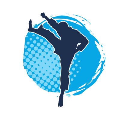 Dövüş sanatları pozu veren bir erkeğin silueti. Dövüş sanatları ustasının silueti tekme atma pozu veriyor..