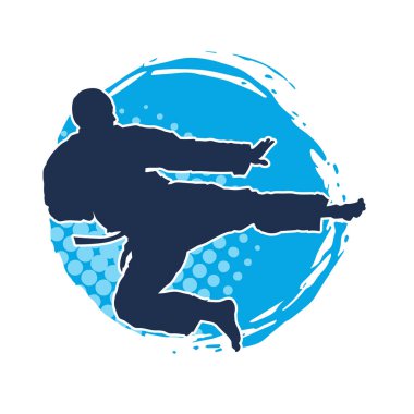 Dövüş sanatları pozu veren bir erkeğin silueti. Dövüş sanatları ustasının silueti tekme atma pozu veriyor..