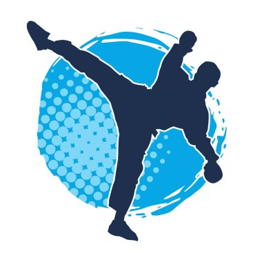 Dövüş sanatları pozu veren bir erkeğin silueti. Dövüş sanatları ustasının silueti tekme atma pozu veriyor..