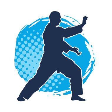 Doğu dövüş sanatı pozu veren bir adamın silueti. Dövüş sanatlarında bir erkeğin silueti..