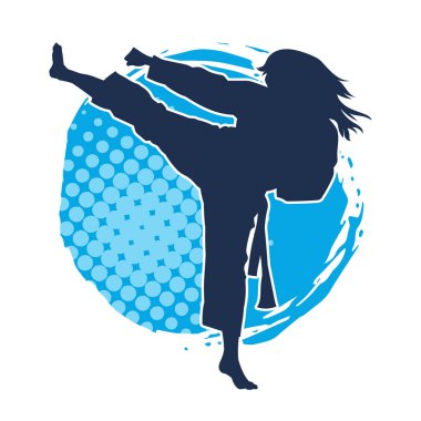 Dövüş sanatları tekmesi pozu veren bir kadının silueti. Dövüş sanatlarındaki bir kadının silueti tekme atma pozu veriyor..