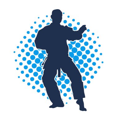 Doğu dövüş sanatı pozu veren bir adamın silueti. Dövüş sanatlarında bir erkeğin silueti..