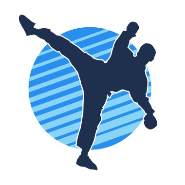 Dövüş sanatları pozu veren bir erkeğin silueti. Dövüş sanatları ustasının silueti tekme atma pozu veriyor..