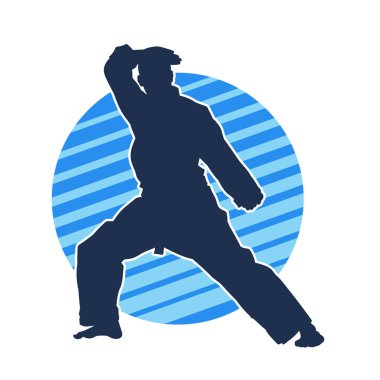 Doğu dövüş sanatı pozu veren bir adamın silueti. Dövüş sanatlarında bir erkeğin silueti..