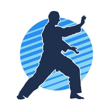 Doğu dövüş sanatı pozu veren bir adamın silueti. Dövüş sanatlarında bir erkeğin silueti..