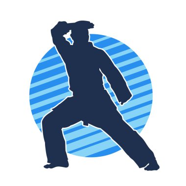 Doğu dövüş sanatı pozu veren bir adamın silueti. Dövüş sanatlarında bir erkeğin silueti..