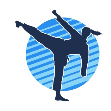 Dövüş sanatları tekmesi pozu veren bir kadının silueti. Dövüş sanatlarındaki bir kadının silueti tekme atma pozu veriyor..