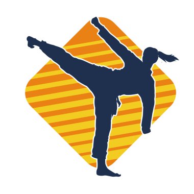 Dövüş sanatları tekmesi pozu veren bir kadının silueti. Dövüş sanatlarındaki bir kadının silueti tekme atma pozu veriyor..