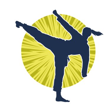 Dövüş sanatları tekmesi pozu veren bir kadının silueti. Dövüş sanatlarındaki bir kadının silueti tekme atma pozu veriyor..