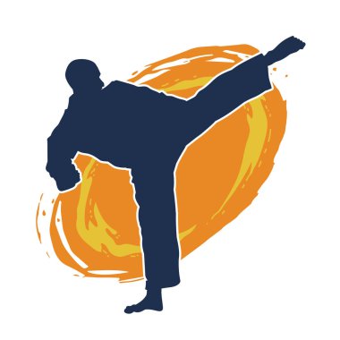 Dövüş sanatları pozu veren bir erkeğin silueti. Dövüş sanatları ustasının silueti tekme atma pozu veriyor..