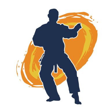 Doğu dövüş sanatı pozu veren bir adamın silueti. Dövüş sanatlarında bir erkeğin silueti..