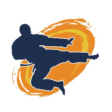 Dövüş sanatları pozu veren bir erkeğin silueti. Dövüş sanatları ustasının silueti tekme atma pozu veriyor..