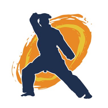 Doğu dövüş sanatı pozu veren bir adamın silueti. Dövüş sanatlarında bir erkeğin silueti..