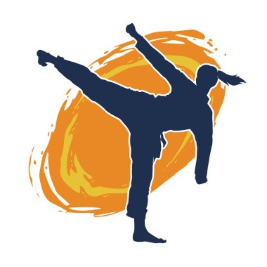 Dövüş sanatları tekmesi pozu veren bir kadının silueti. Dövüş sanatlarındaki bir kadının silueti tekme atma pozu veriyor..