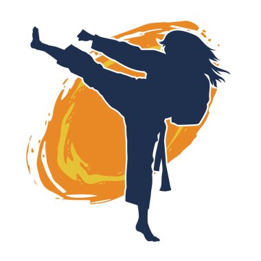 Dövüş sanatları tekmesi pozu veren bir kadının silueti. Dövüş sanatlarındaki bir kadının silueti tekme atma pozu veriyor..