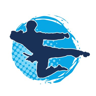 Dövüş sanatları pozu veren bir erkeğin silueti. Dövüş sanatları ustasının silueti tekme atma pozu veriyor..