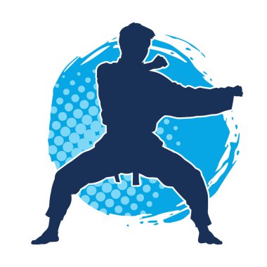 Doğu dövüş sanatı pozu veren bir adamın silueti. Dövüş sanatlarında bir erkeğin silueti..