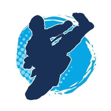 Dövüş sanatları pozu veren bir erkeğin silueti. Dövüş sanatları ustasının silueti tekme atma pozu veriyor..