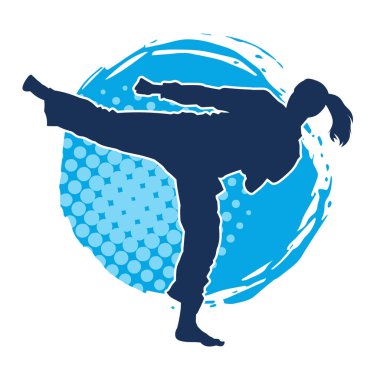 Dövüş sanatları tekmesi pozu veren bir kadının silueti. Dövüş sanatlarındaki bir kadının silueti tekme atma pozu veriyor..