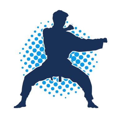 Doğu dövüş sanatı pozu veren bir adamın silueti. Dövüş sanatlarında bir erkeğin silueti..