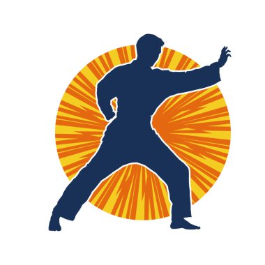 Doğu dövüş sanatı pozu veren bir adamın silueti. Dövüş sanatlarında bir erkeğin silueti..