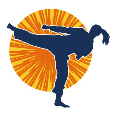 Dövüş sanatları tekmesi pozu veren bir kadının silueti. Dövüş sanatlarındaki bir kadının silueti tekme atma pozu veriyor..