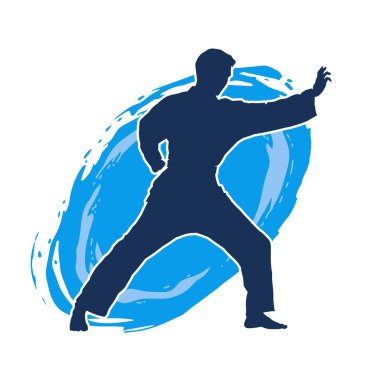 Doğu dövüş sanatı pozu veren bir adamın silueti. Dövüş sanatlarında bir erkeğin silueti..