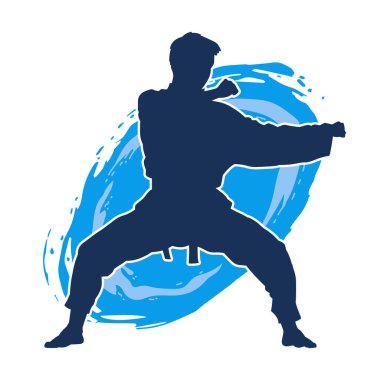 Doğu dövüş sanatı pozu veren bir adamın silueti. Dövüş sanatlarında bir erkeğin silueti..