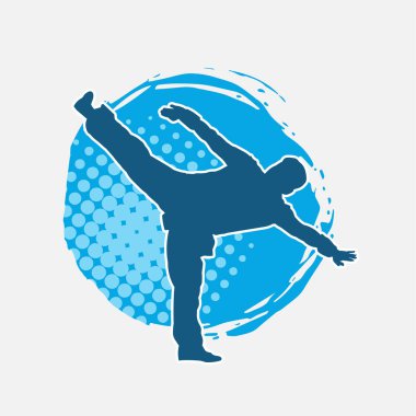 Dövüş sanatları pozu veren bir erkeğin silueti. Dövüş sanatları ustasının silueti tekme atma pozu veriyor..