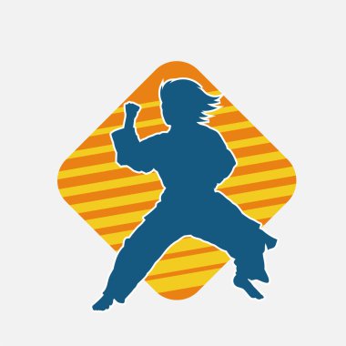 Dövüş sanatları tekmesi pozu veren bir kadının silueti. Dövüş sanatlarındaki bir kadının silueti tekme atma pozu veriyor..