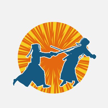 Kendo dövüş sanatları ustasının silueti düello eğitimi alıyor.