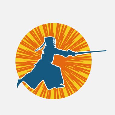 Maske takan ve bambu kılıç taşıyan bir Kendo dövüş sanatçısı silueti..