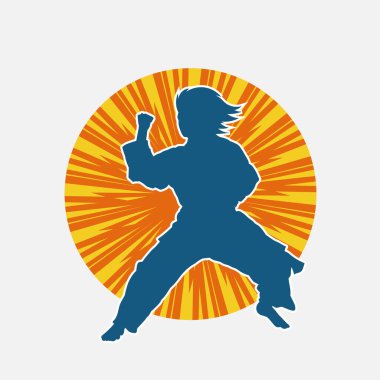 Dövüş sanatları tekmesi pozu veren bir kadının silueti. Dövüş sanatlarındaki bir kadının silueti tekme atma pozu veriyor..