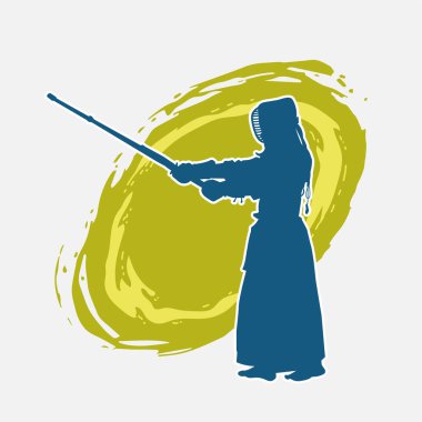 Maske takan ve bambu kılıç taşıyan bir Kendo dövüş sanatçısı silueti..