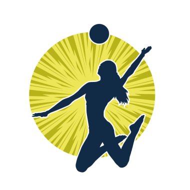Hareketli bir kadın voleybol oyuncusunun silueti. Voleybol oynayan bir kadının silueti..