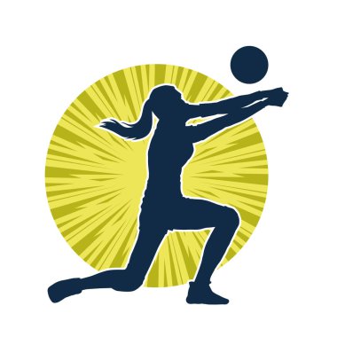 Hareketli bir kadın voleybol oyuncusunun silueti. Voleybol oynayan bir kadının silueti..
