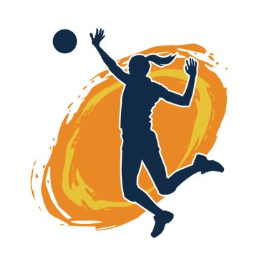 Hareketli bir kadın voleybol oyuncusunun silueti. Voleybol oynayan bir kadının silueti..