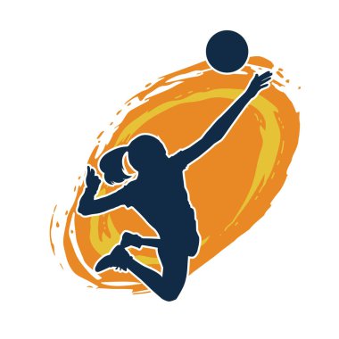 Hareketli bir kadın voleybol oyuncusunun silueti. Voleybol oynayan bir kadının silueti..
