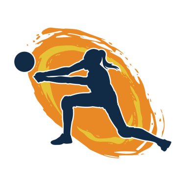 Hareketli bir kadın voleybol oyuncusunun silueti. Voleybol oynayan bir kadının silueti..