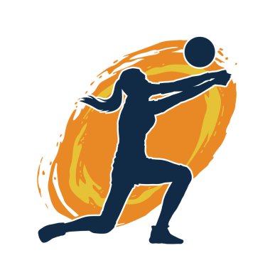 Hareketli bir kadın voleybol oyuncusunun silueti. Voleybol oynayan bir kadının silueti..