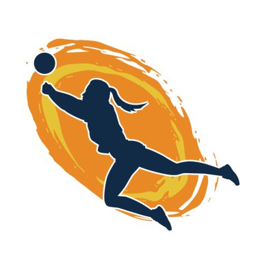 Hareketli bir kadın voleybol oyuncusunun silueti. Voleybol oynayan bir kadının silueti..