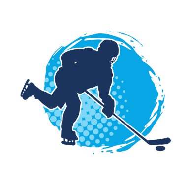 Hareketli bir buz hokeyi atletinin silueti. Buz hokeyi oynayan bir adamın silueti..