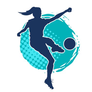 Topa vuran bayan futbolcunun silueti. Hareketli bir futbolcu kadının silueti..