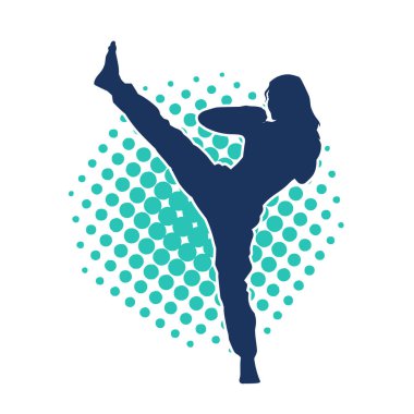 Dövüş sanatları tekmesi pozu veren bir kadının silueti. Dövüş sanatlarındaki bir kadının silueti tekme atma pozu veriyor..