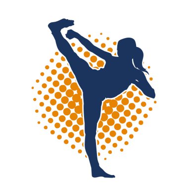 Dövüş sanatları tekmesi pozu veren bir kadının silueti. Dövüş sanatlarındaki bir kadının silueti tekme atma pozu veriyor..