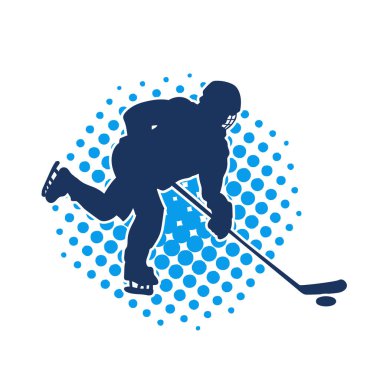 Hareketli bir buz hokeyi atletinin silueti. Buz hokeyi oynayan bir adamın silueti..