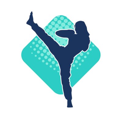 Dövüş sanatları tekmesi pozu veren bir kadının silueti. Dövüş sanatlarındaki bir kadının silueti tekme atma pozu veriyor..